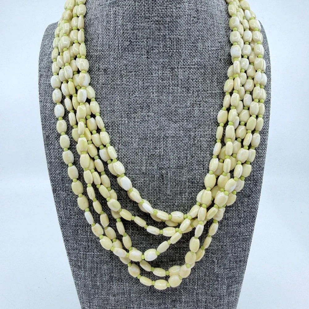 Cream Lime Green Multistrand Beaded Necklace Long Layered Chunky Boho Statement